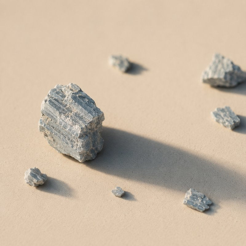 Raw zinc mineral fragments resting on a matte warm-beige surface