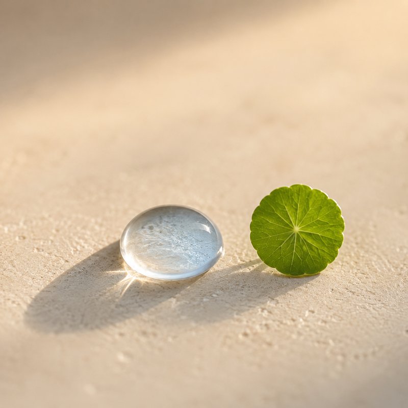 A clear drop of water beside a fresh centella leaf on warm cream stone