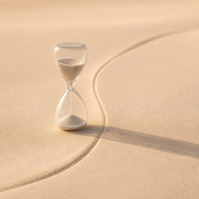 An hourglass standing on perfectly smooth wind-brushed sand