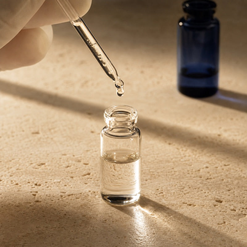 A clear droplet measured from a glass micro-pipette into a small laboratory vial on warm cream stone