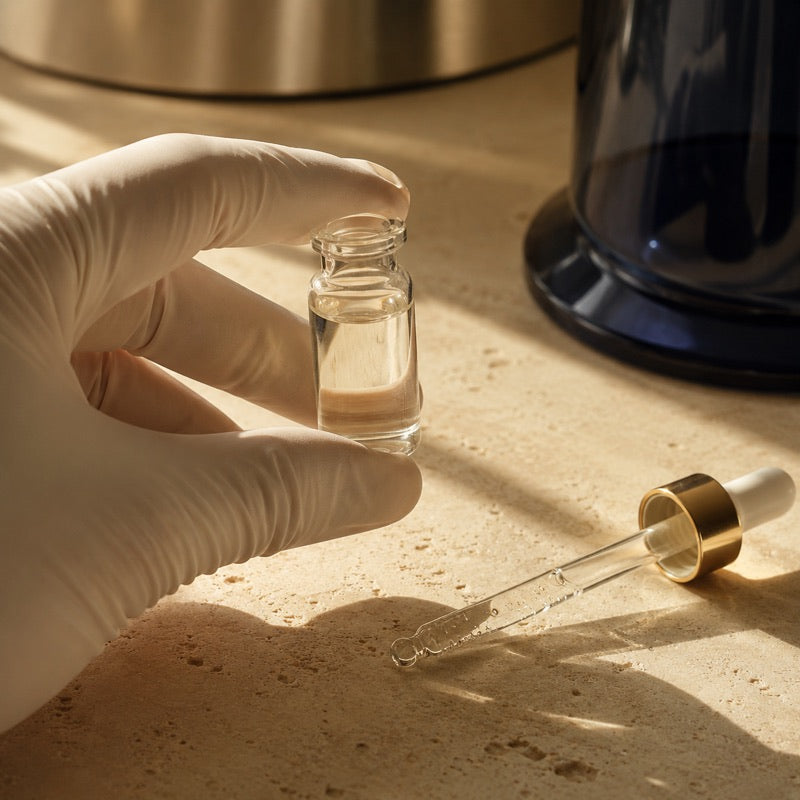 A gloved hand holding a small clear glass vial beside a micro-pipette on cream travertine