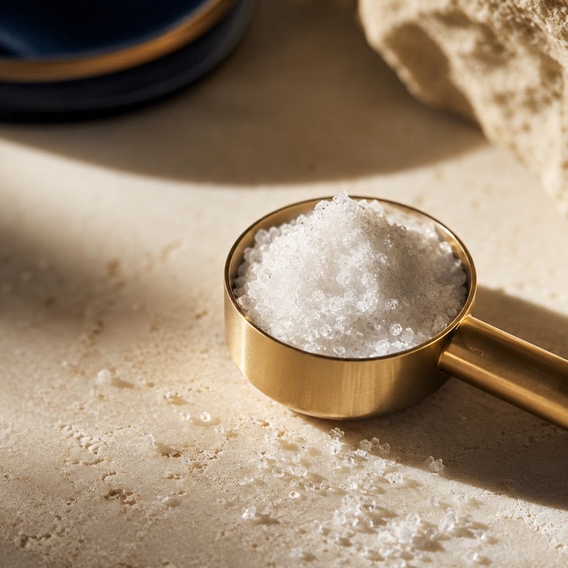 Fine white crystalline powder in a champagne gold laboratory scoop on cream stone