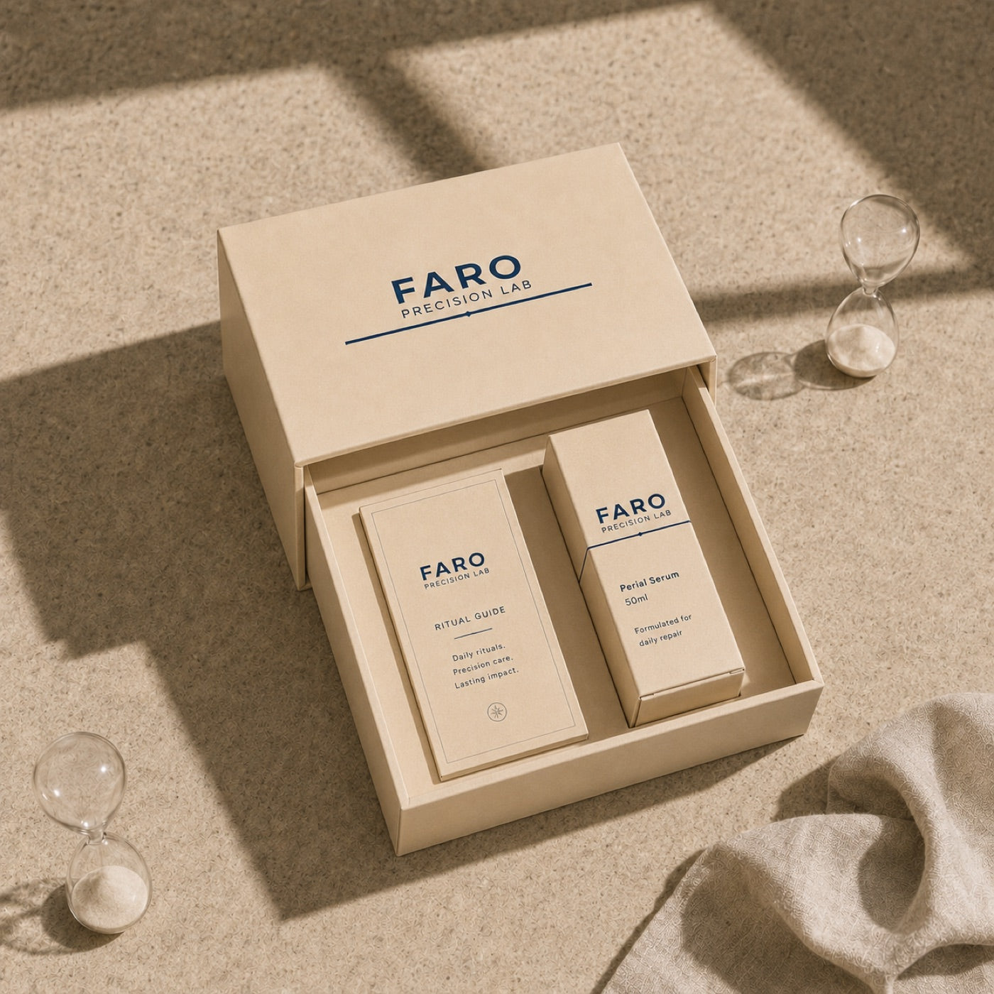 FARO Founders Ritual Kit set box, open: Perial Serum in its carton and the Ritual Guide card, set in a cream box