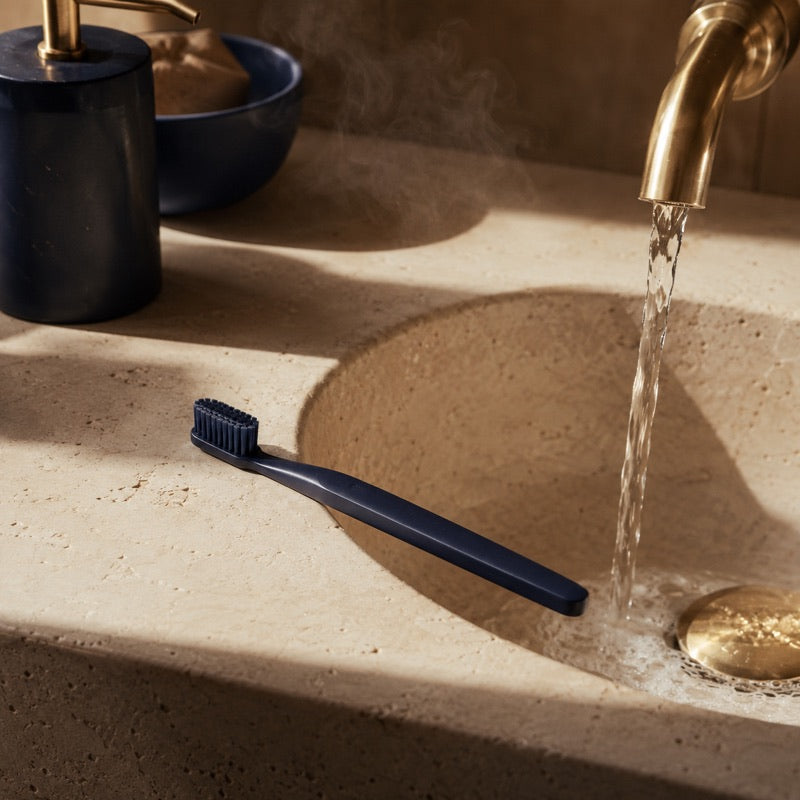 A navy toothbrush resting on a cream stone sink while water runs from a gold faucet in morning light