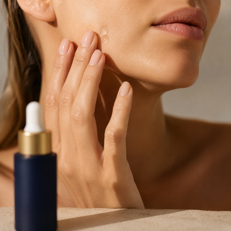 Fingertips pressing two clear serum drops along the jawline, the navy serum bottle in the foreground