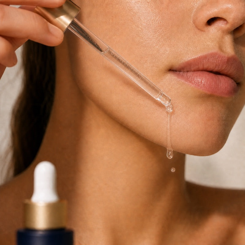 A glass dropper applying clear serum below the lower lip, with a fine serum trail running toward the center of the chin