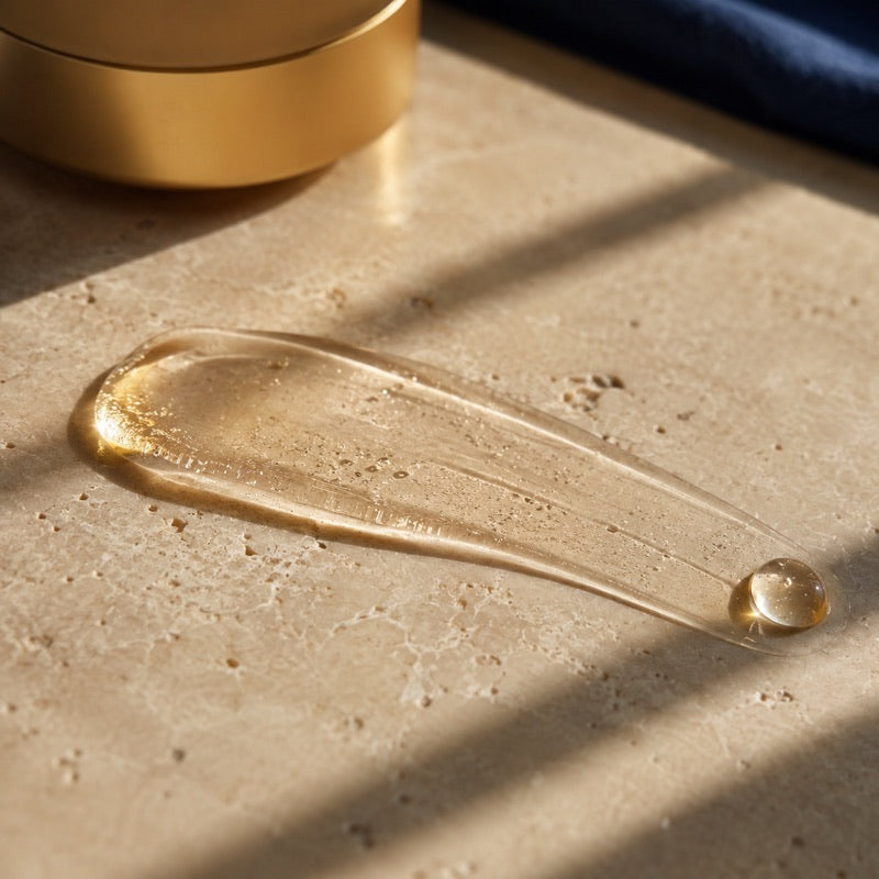 A translucent lightweight gel-serum smear with one clear drop, swiped across warm cream stone