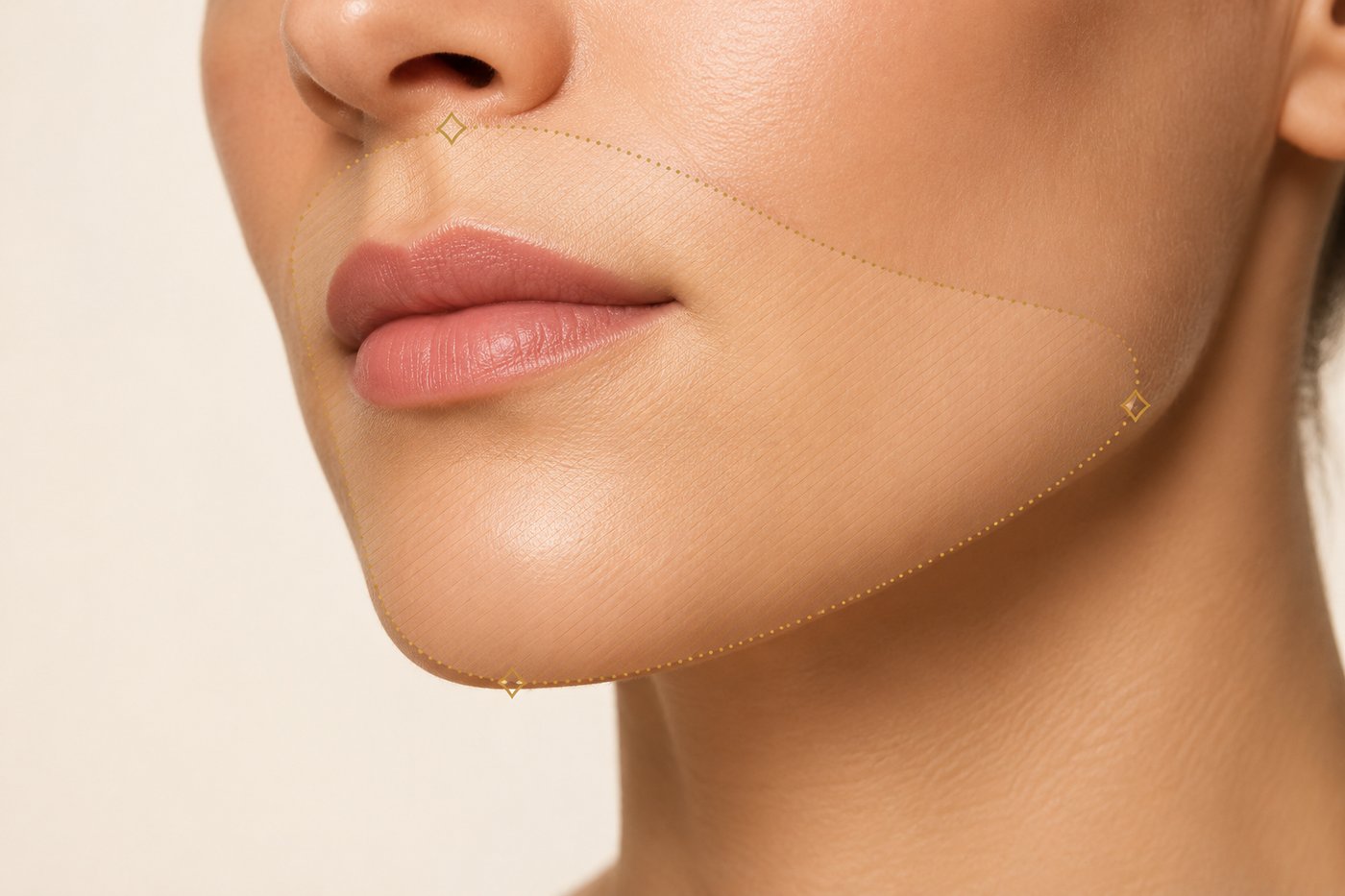 The perioral zone traced in a fine dotted champagne line: the skin around the mouth, chin, and jawline